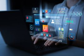 Holographic UI-UX, display icons of UX-UI designer, creative planning, data visualization. Web design, application design,coding develop.UX-UI design web and user design development.